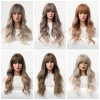 Amazon Cross-border new product: European and American wigs, Women's wigs, gradient gray, straight bangs, long curly hair, high-temperature silk full head set details Picture